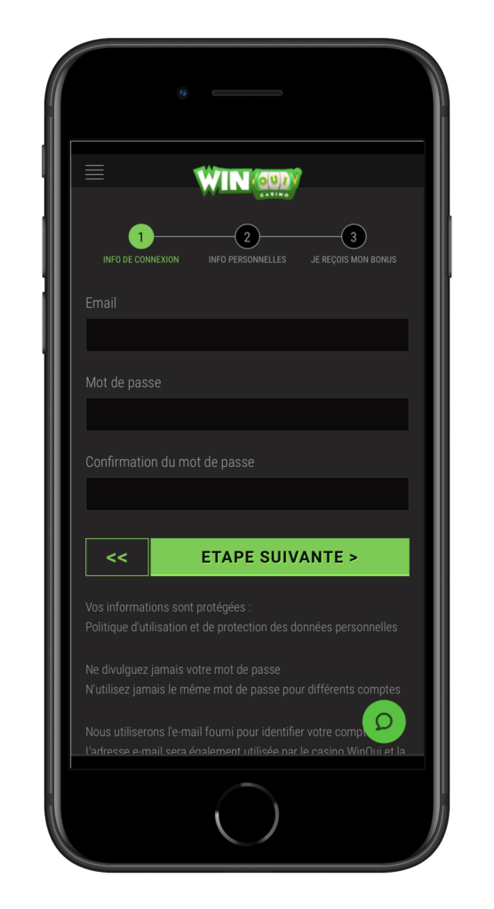 Formulaire d'inscription dans l'application mobile WinOui Casino